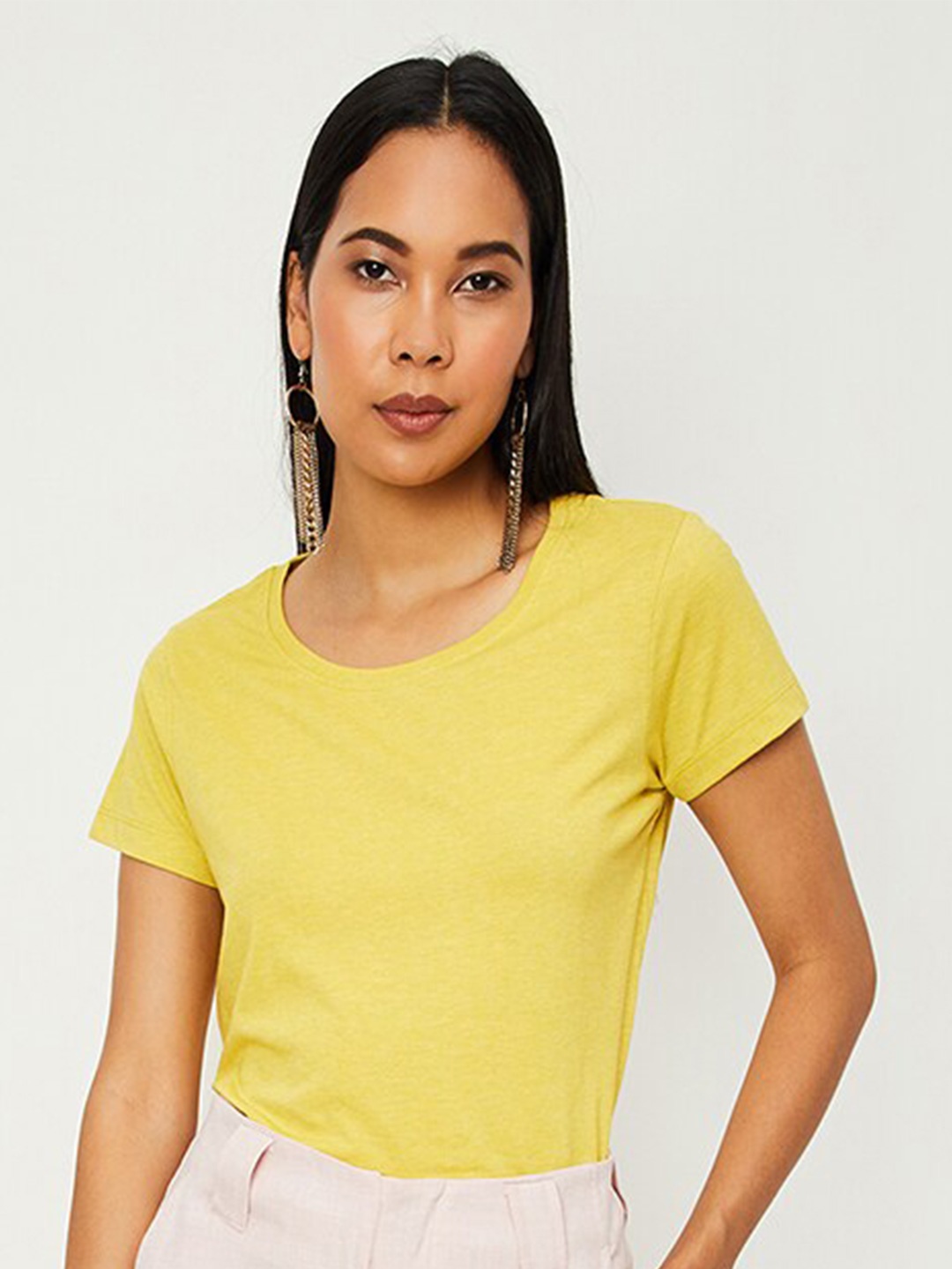 

max Round Neck Pure Cotton T-shirt, Yellow