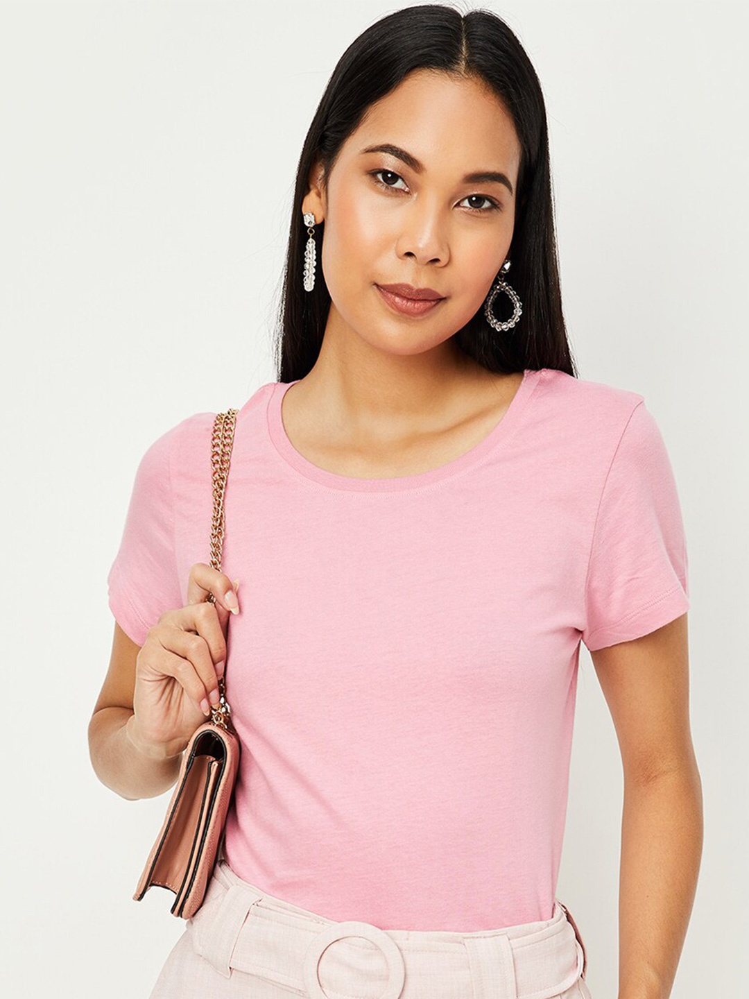 

max Round Neck Pure Cotton T-shirt, Pink