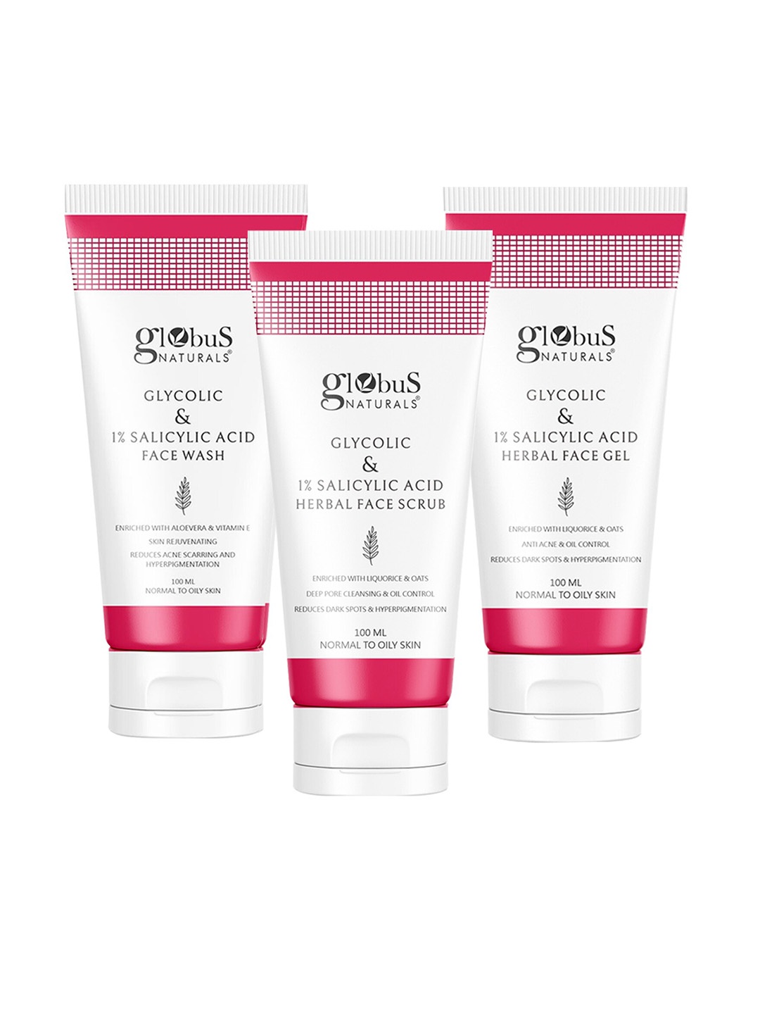 

Globus naturals Glycolic & 1% Salicylic Acid Face Wash + Face Scrub + Face Gel- 100ml Each, Pink