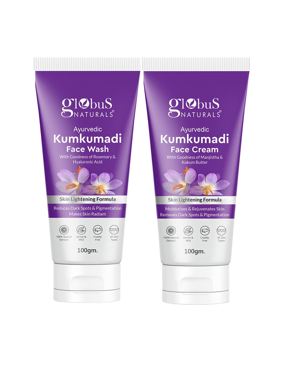 

Globus naturals Kumkumadi Set Of 2 Face Wash-Face Cream-100g Each, Purple