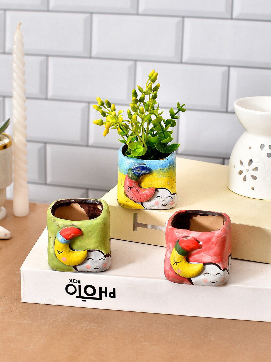 

TAYHAA Green & Blue 3 Pieces Textured Ceramic Planters