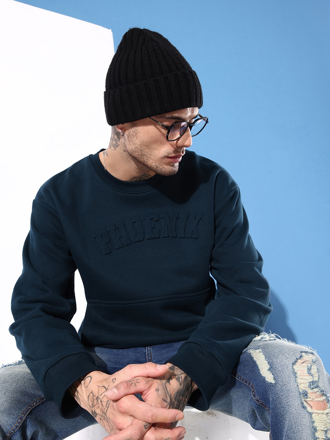 

DILLINGER Men Typography Printed Oversized Sweatshirt, Navy blue