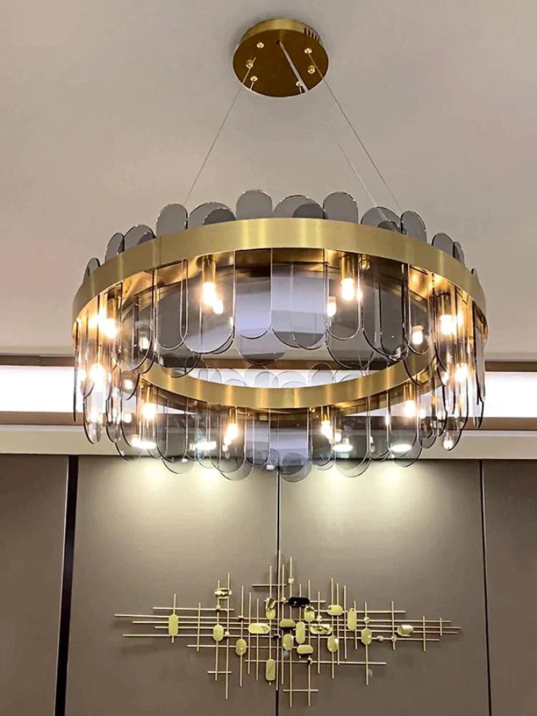 

The Art House Gold Toned Brass Metal Smokey Glass Led Chandelier Hanging Suspension Lamp
