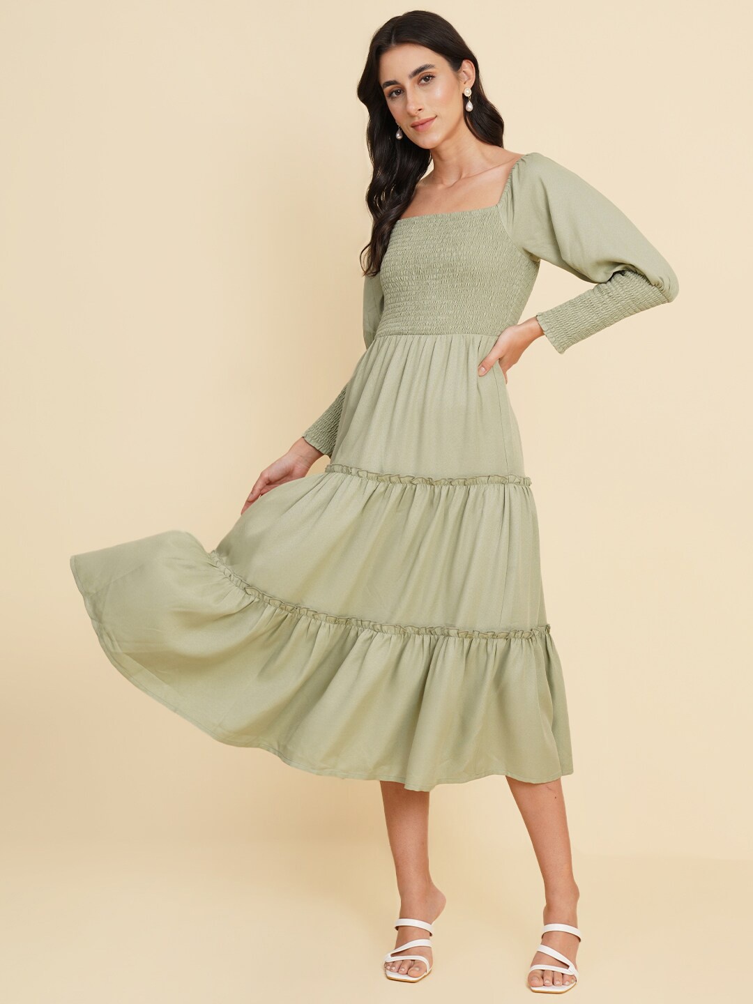 

HOUSE OF KKARMA Square Neck Puff Sleeves Smocked Detail Tiered Fit & Flare Midi Dress, Olive