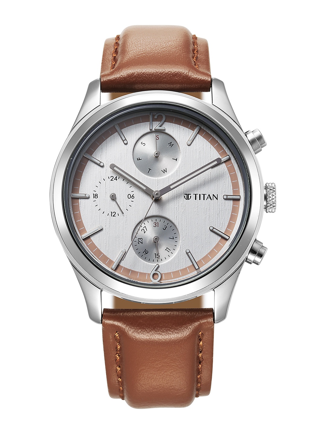 

Titan Men Dial & Leather Textured Straps Analogue Watch 10026SL02, Silver