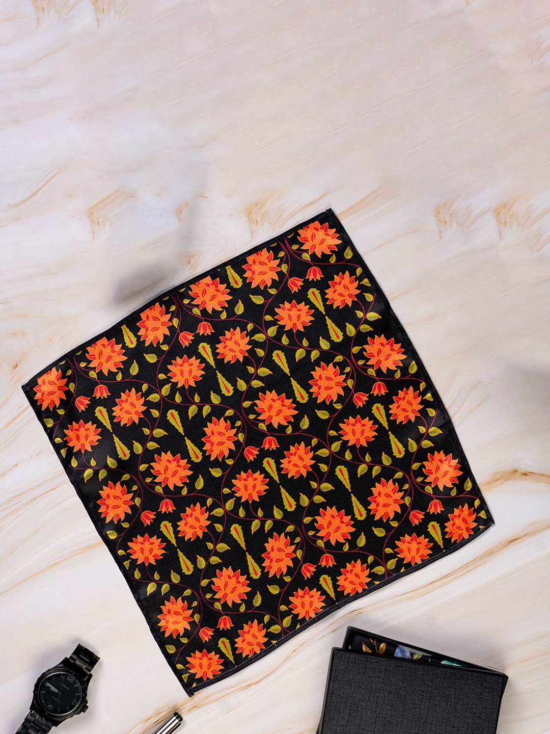 

KOLOROBIA Men Floral Printed Pocket Squares, Black