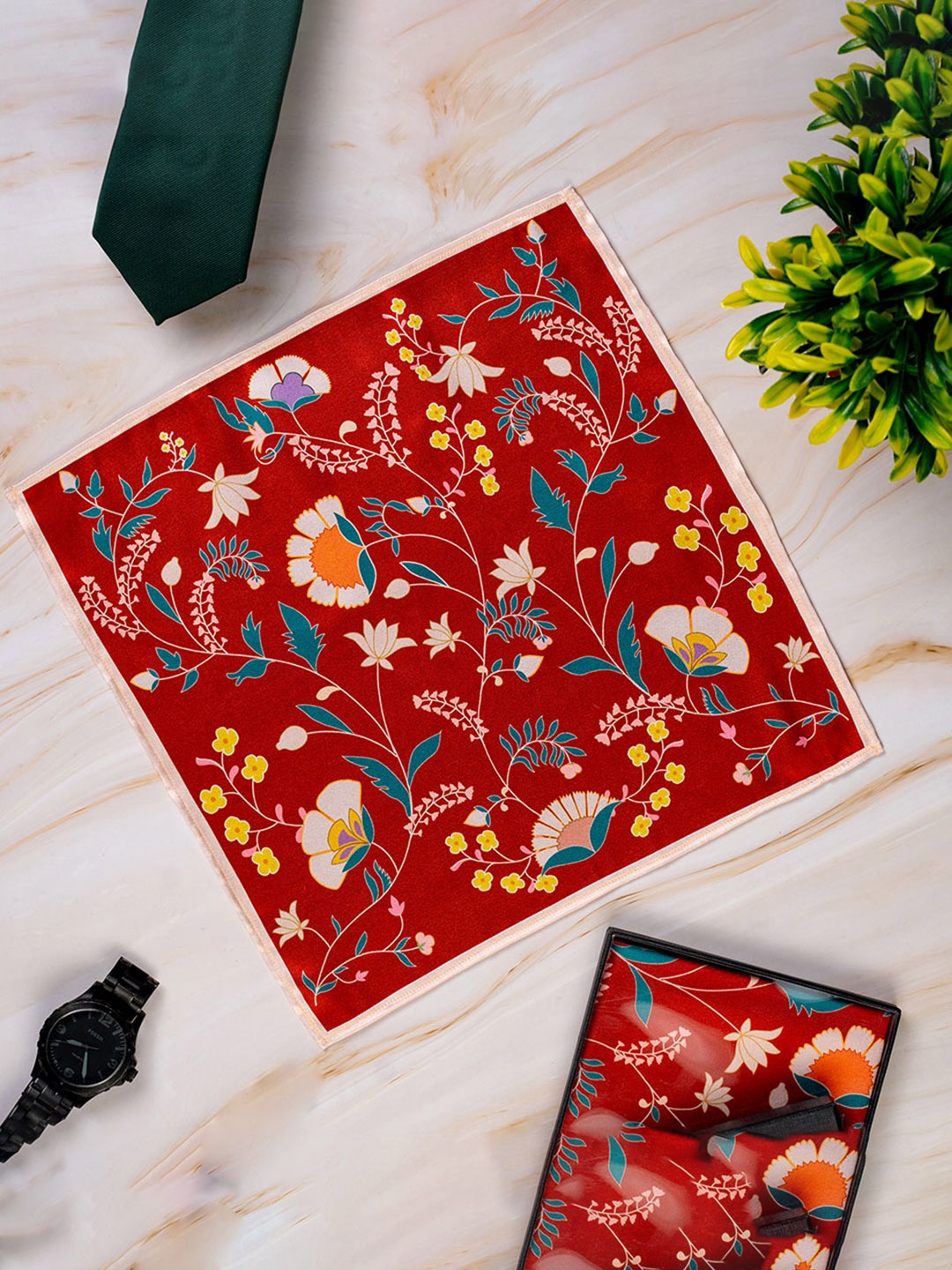 

KOLOROBIA Men Floral Printed Pocket Squares, Red