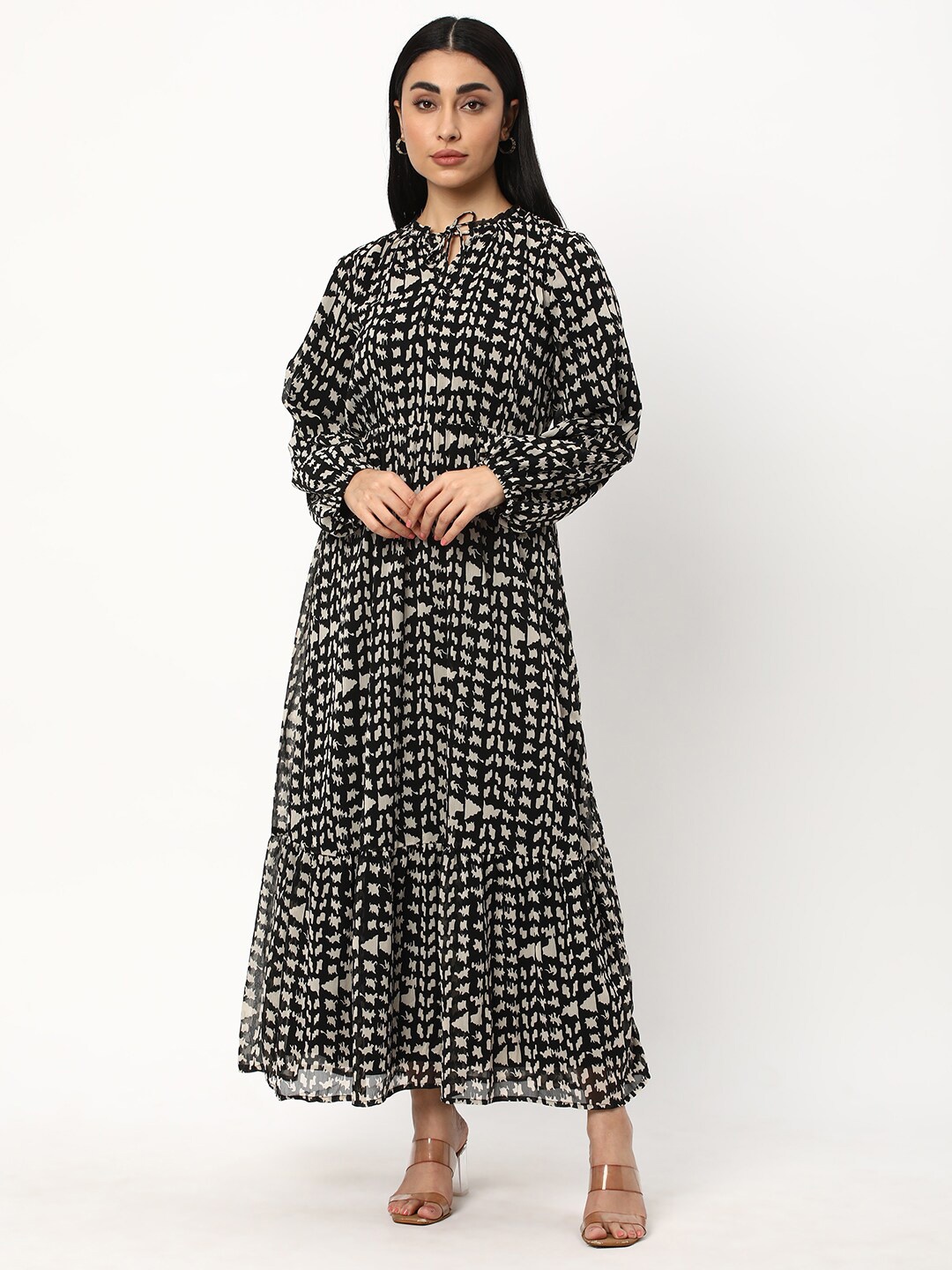 

R&B Abstract Printed Tie-Up Neck Puff Sleeve Fit & Flare Maxi Dress, Black