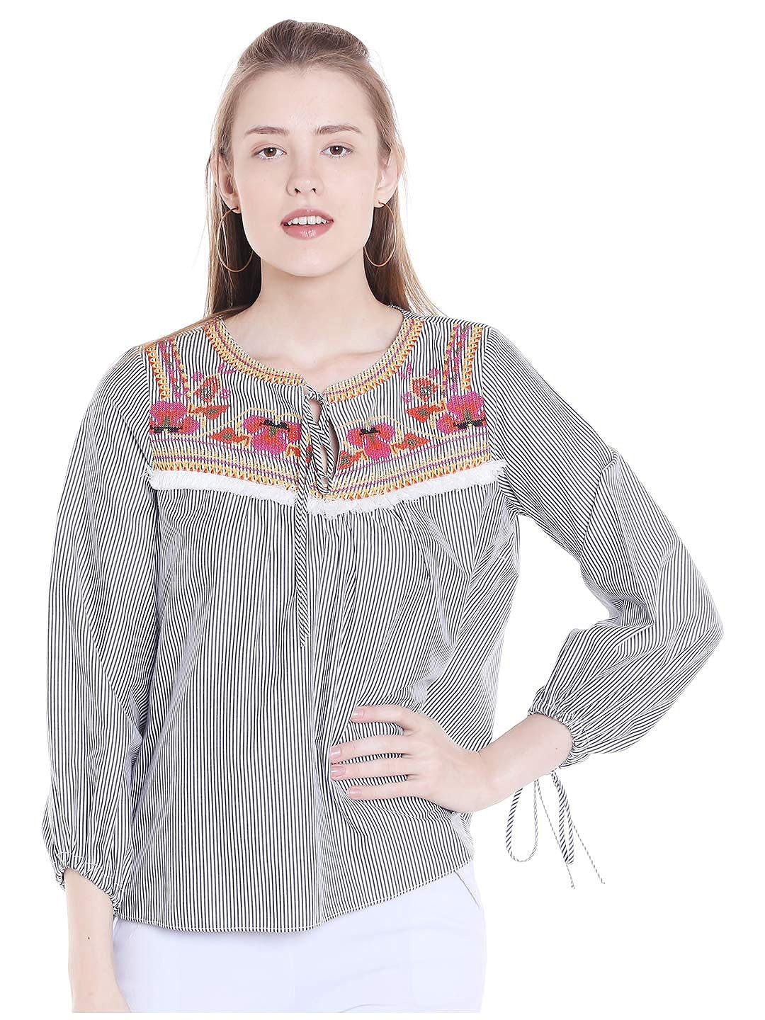 

Fusion Beats Vertical Stripes Tie-Up Neck Embroidered Regular Top, Grey