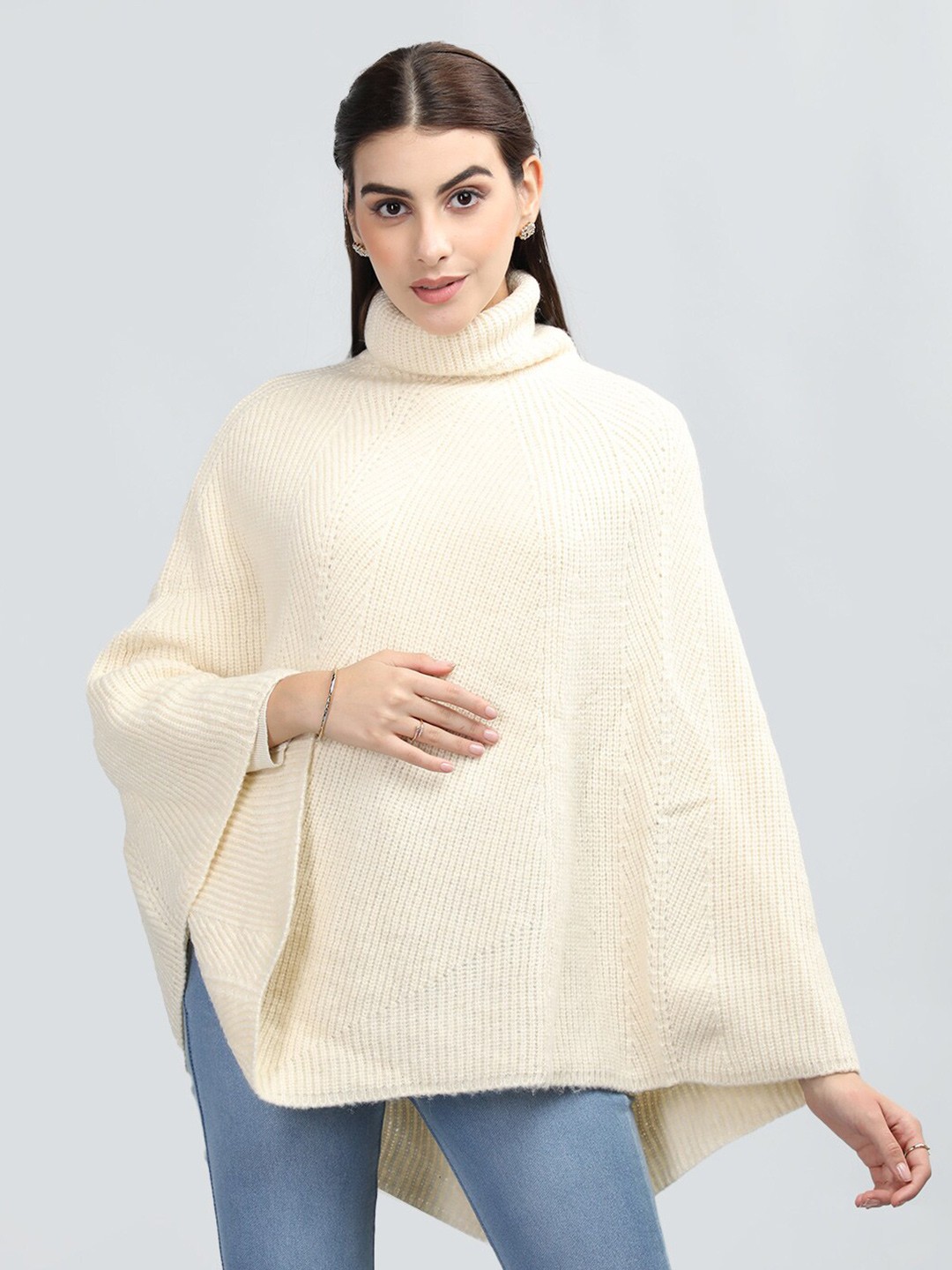 

Rage Geometric Self Design Turtle Neck Poncho, Off white