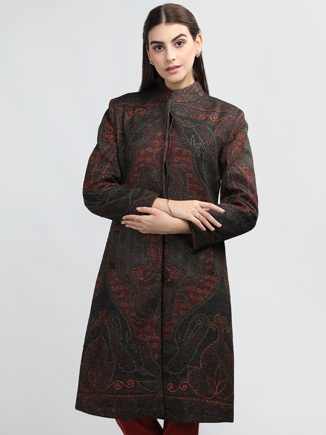 

Rage Women Printed Embroidered Single Breasted Overcoat, Black