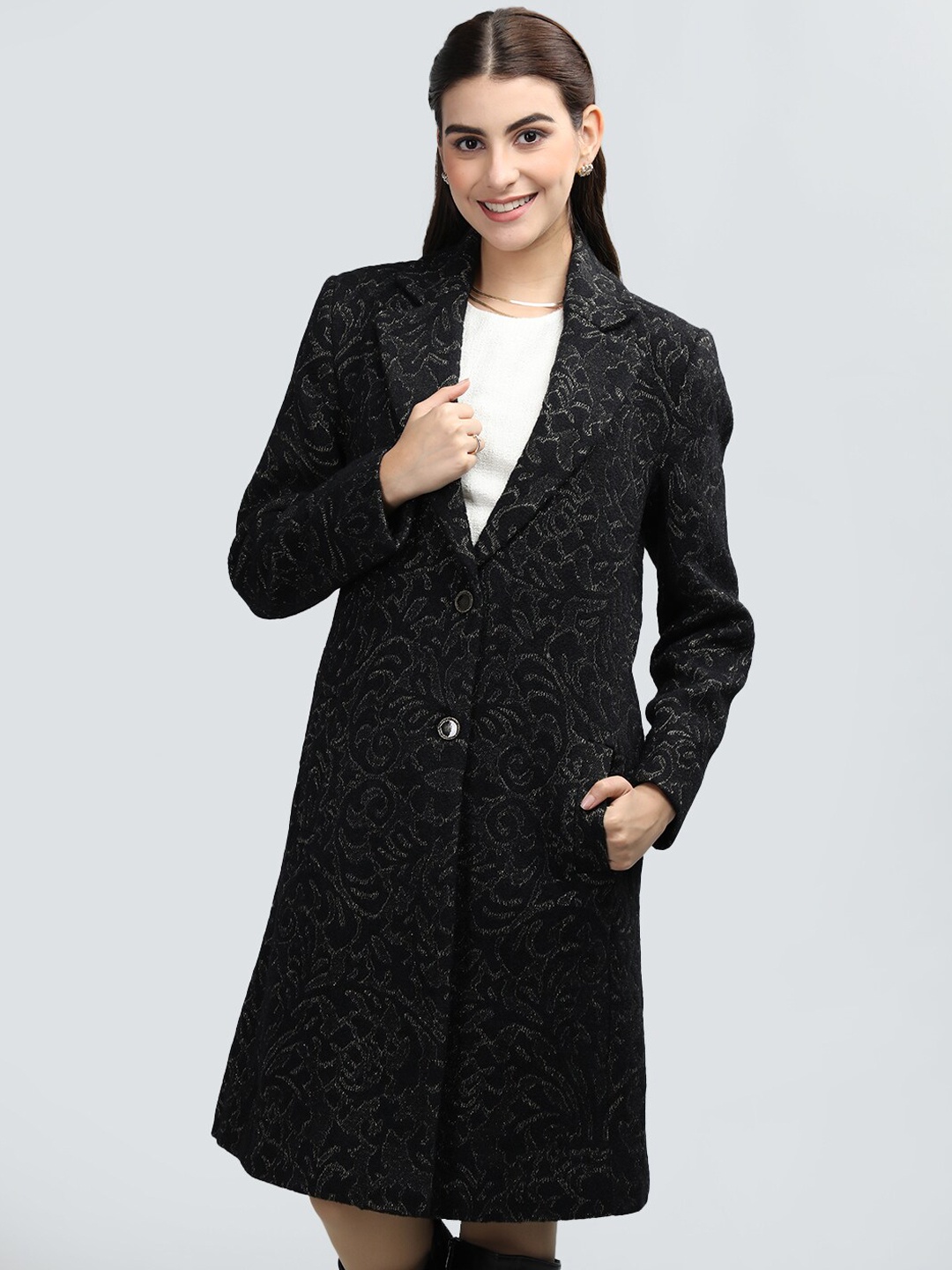 

Rage Single-Breasted Printed Notched Lapel Collar OverCoat, Black