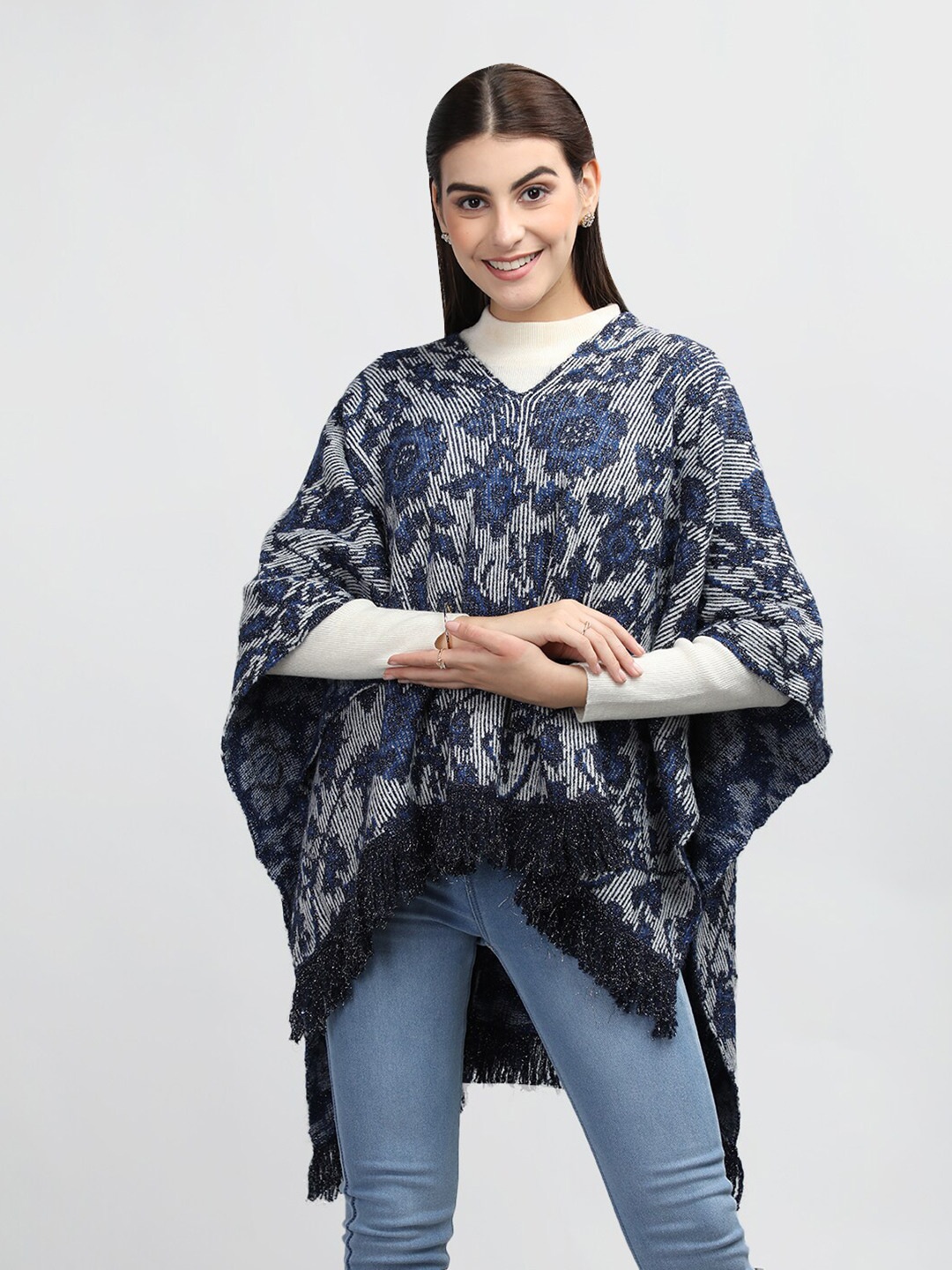 

Rage Floral Self Design V-Neck Poncho, Black