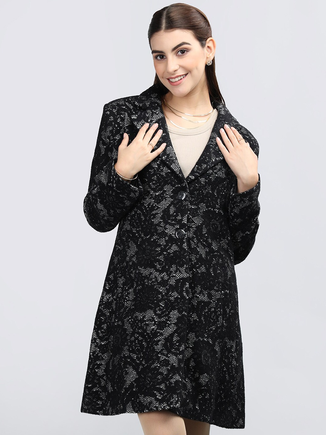 

Rage Single-Breasted Printed Notched Lapel Collar Overcoat, Black