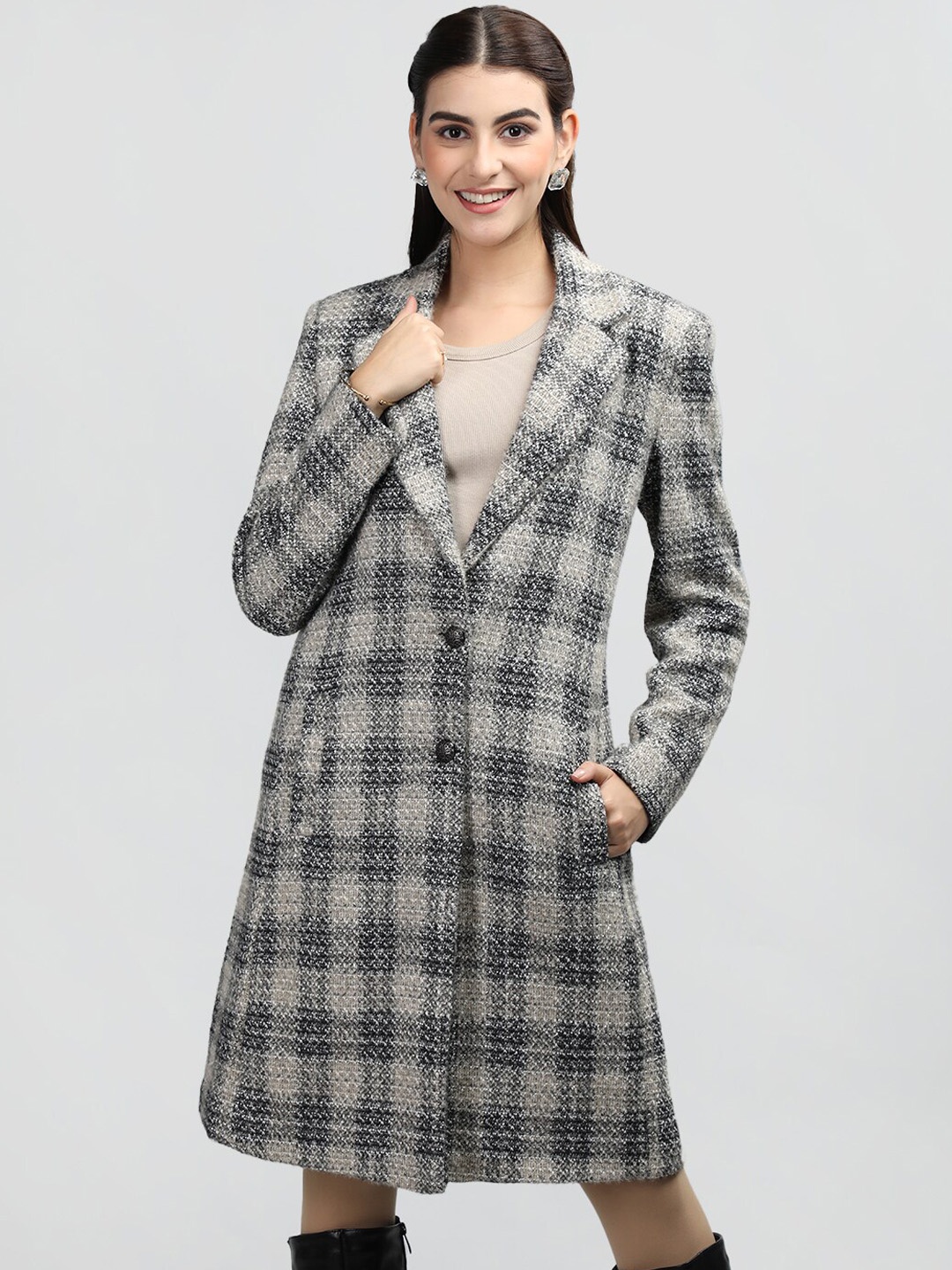 

Rage Single-Breasted Checked Notched Lapel Collar Overcoat, Beige