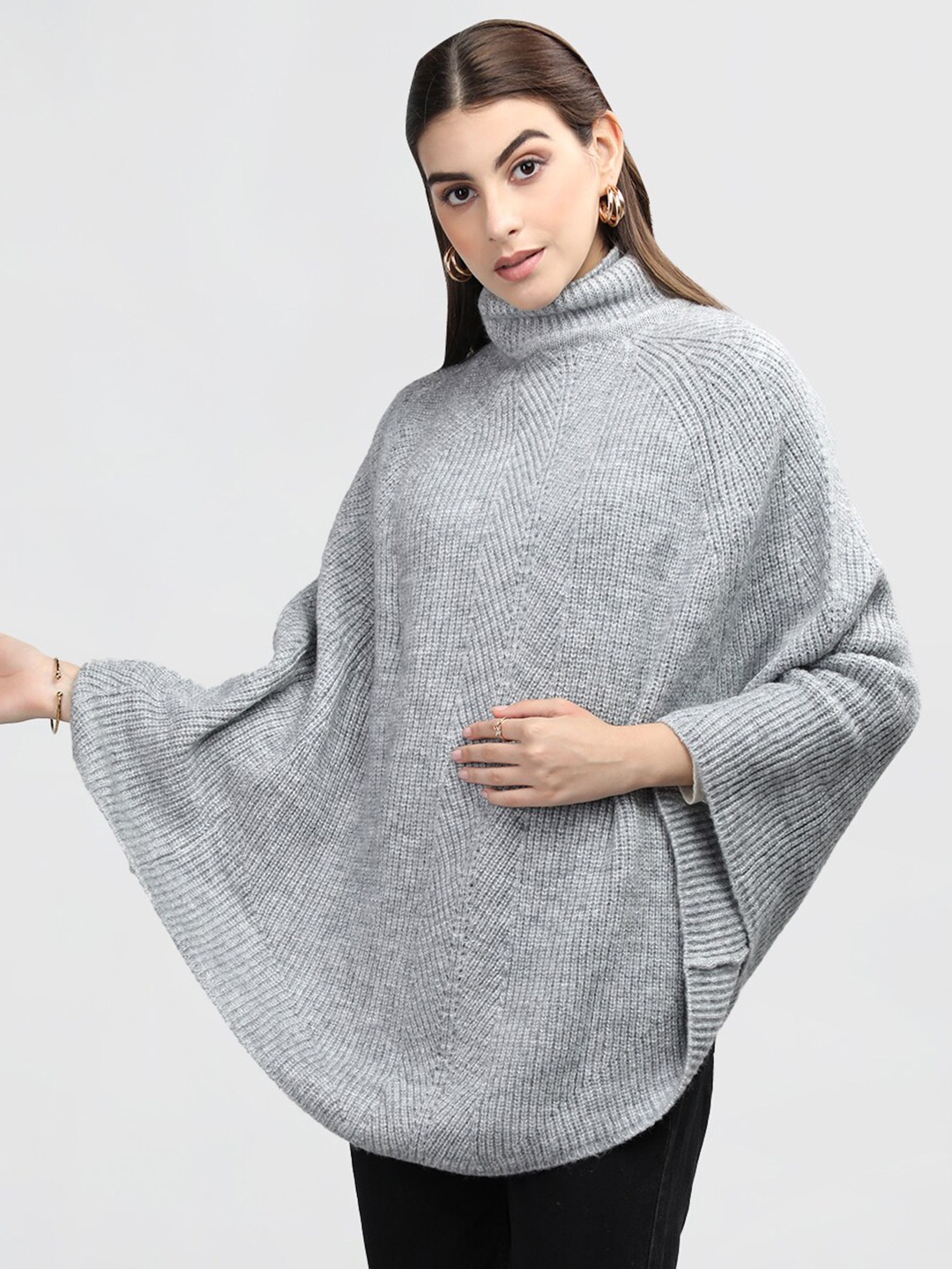 

Rage Ribbed Turtle Neck Poncho, Grey