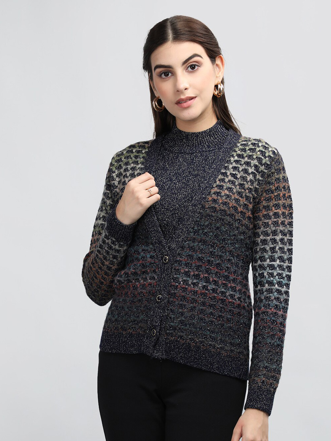 

Rage Geometric Self Design V Neck Cardigan, Navy blue