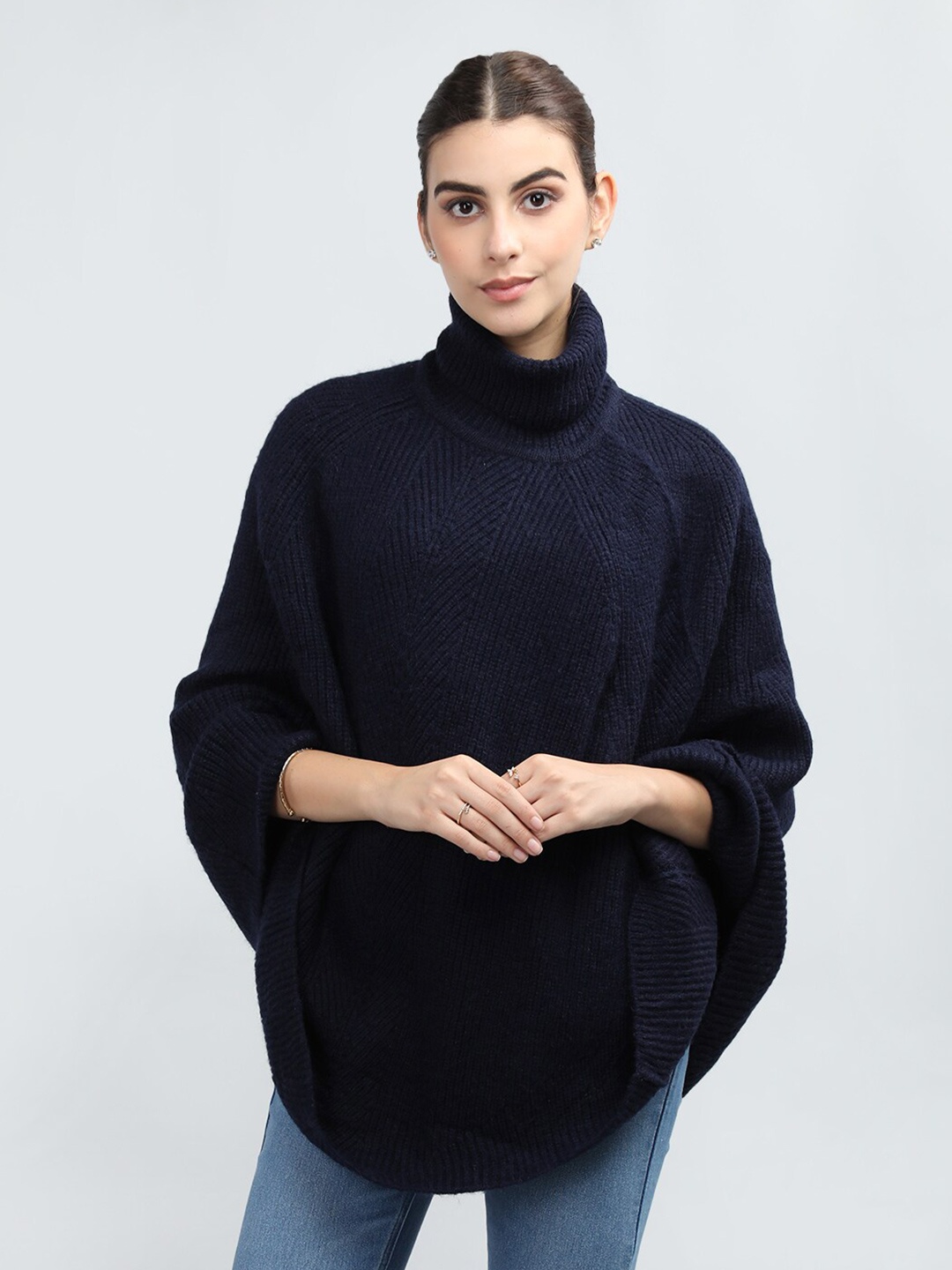 

Rage Ribbed High Neck Poncho, Navy blue