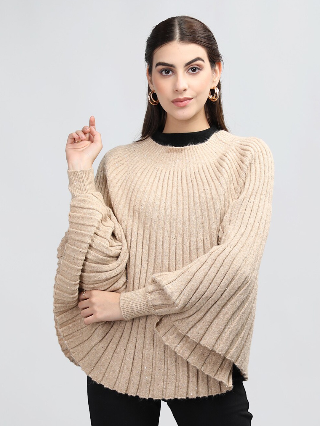 

Rage Round Neck Ribbed Acrylic Poncho, Beige