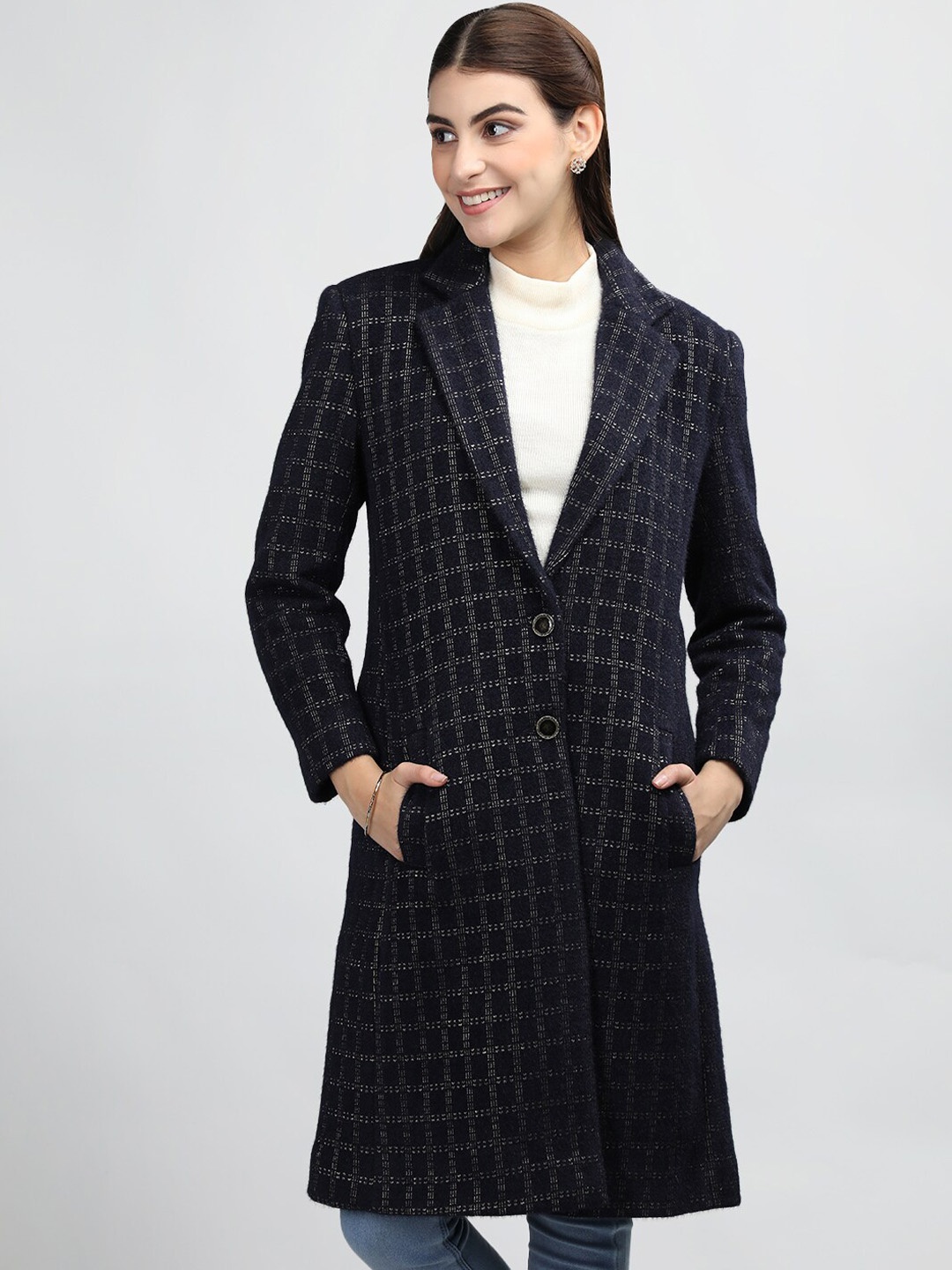 

Rage Checked Single-Breasted Overcoat, Navy blue