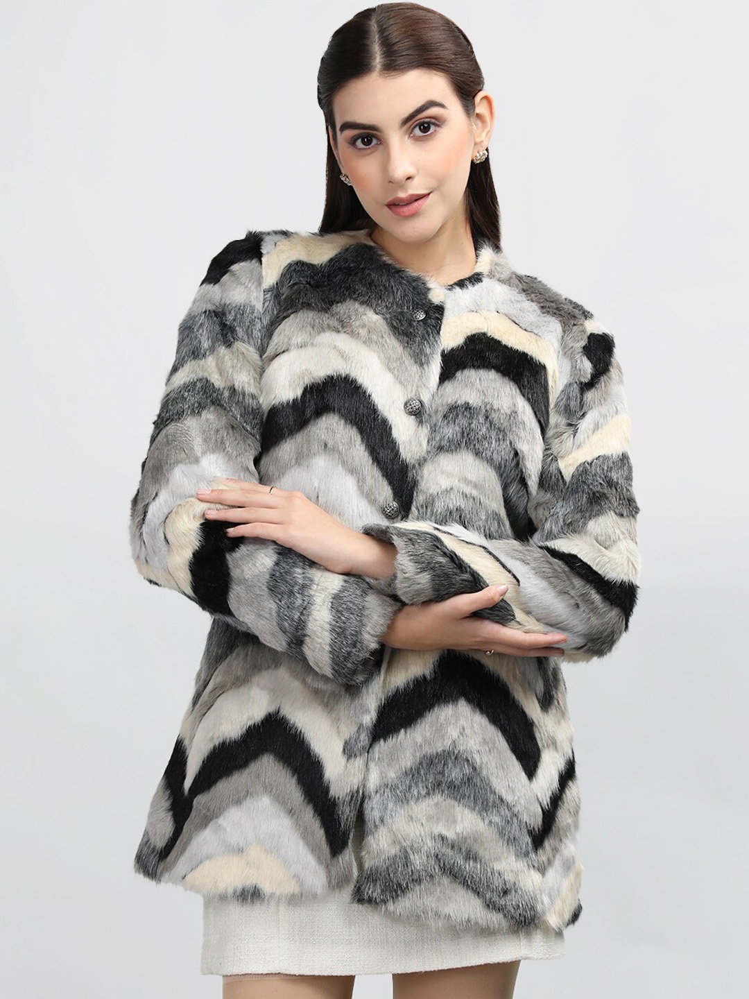 

Rage Striped Jacquard Fur Overcoat, Grey