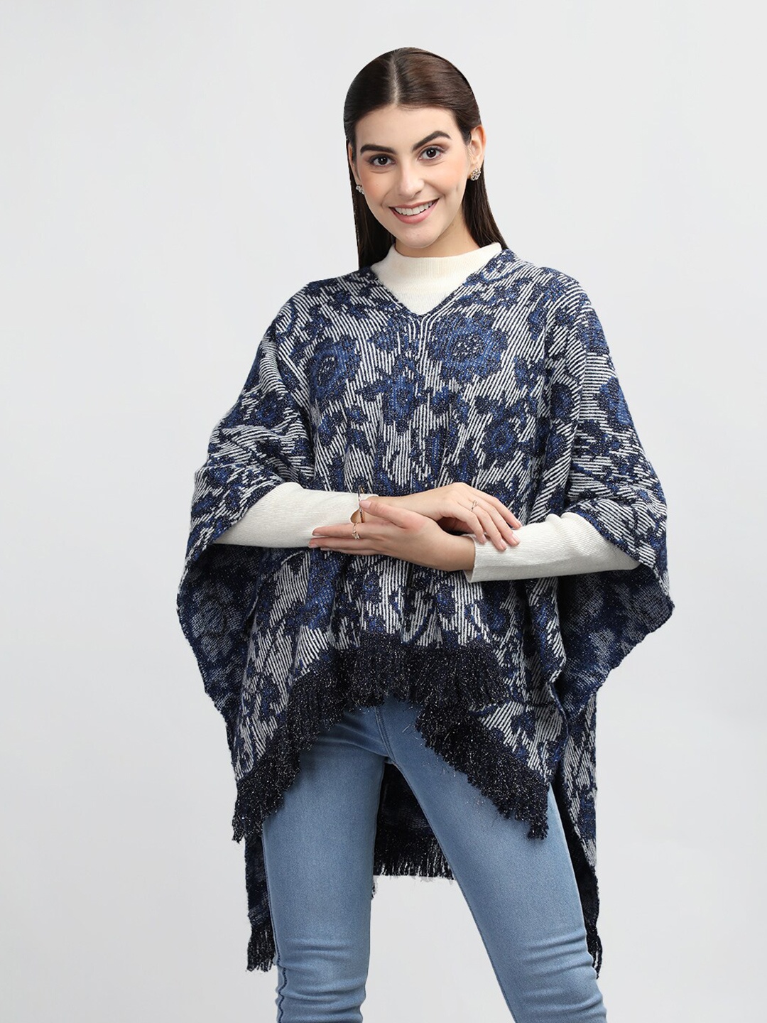 

Rage Floral Printed V-Neck Extended Sleeves Poncho Sweaters, Navy blue