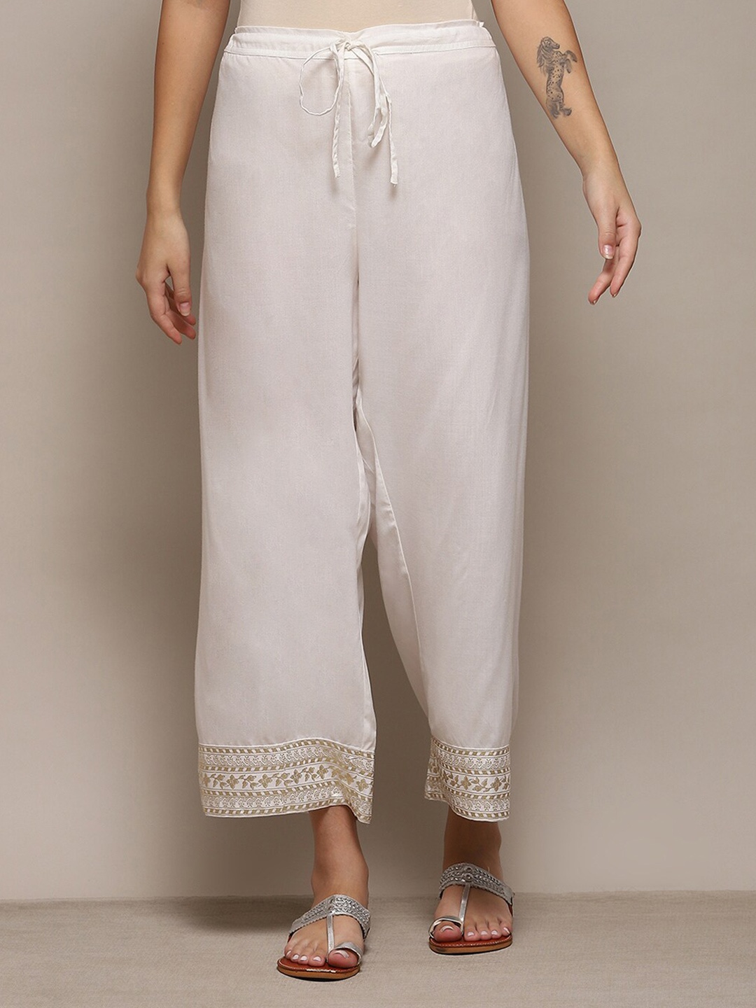 

Biba Floral Hem Design Flared Ethnic Palazzos, Off white