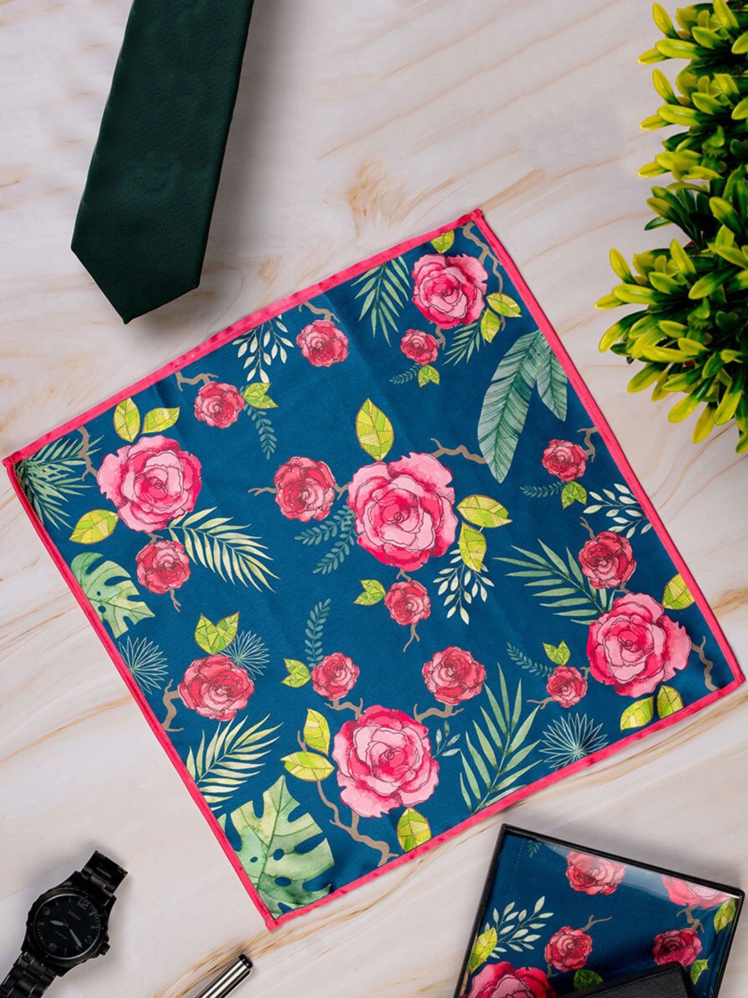 

KOLOROBIA Men Floral Printed Pocket Squares, Teal