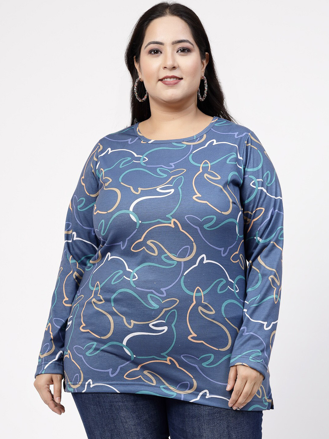 

plusS Size Conversational Printed Cotton Longline T-shirt, Blue
