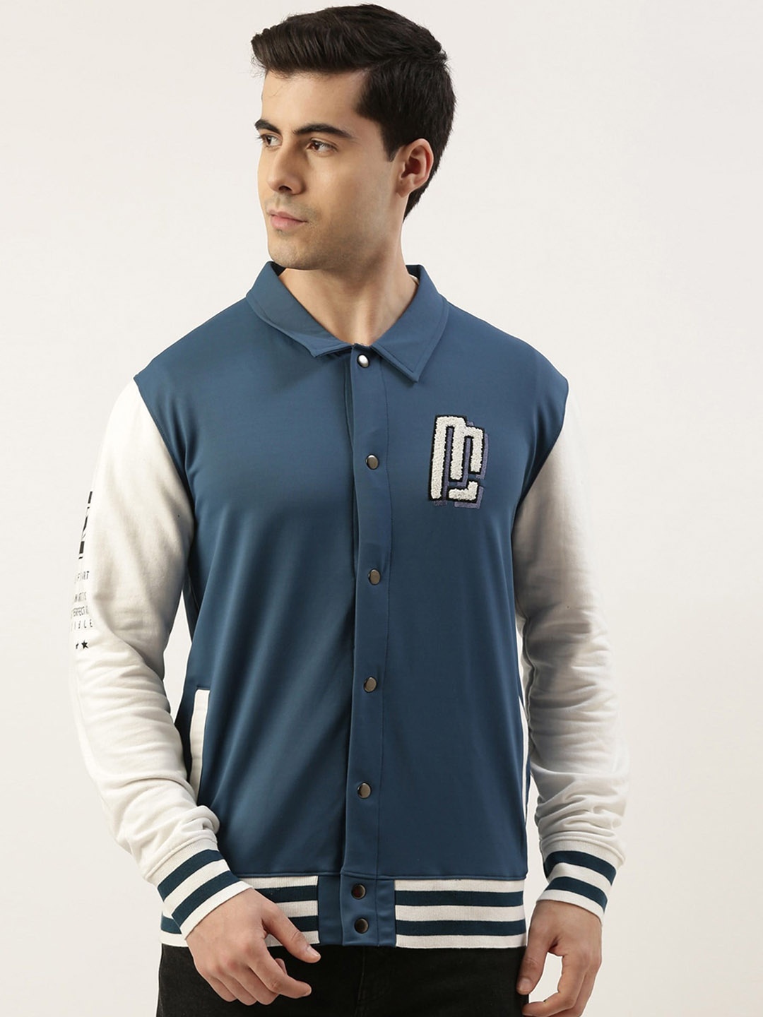 

Maniac Colourblocked Patch Work Cotton Bomber Jacket, Blue