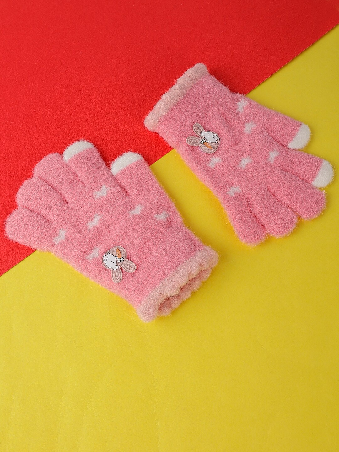 

PASSION PETALS Unisex Self Design Acrylic Gloves With Rabbit Applique, Pink