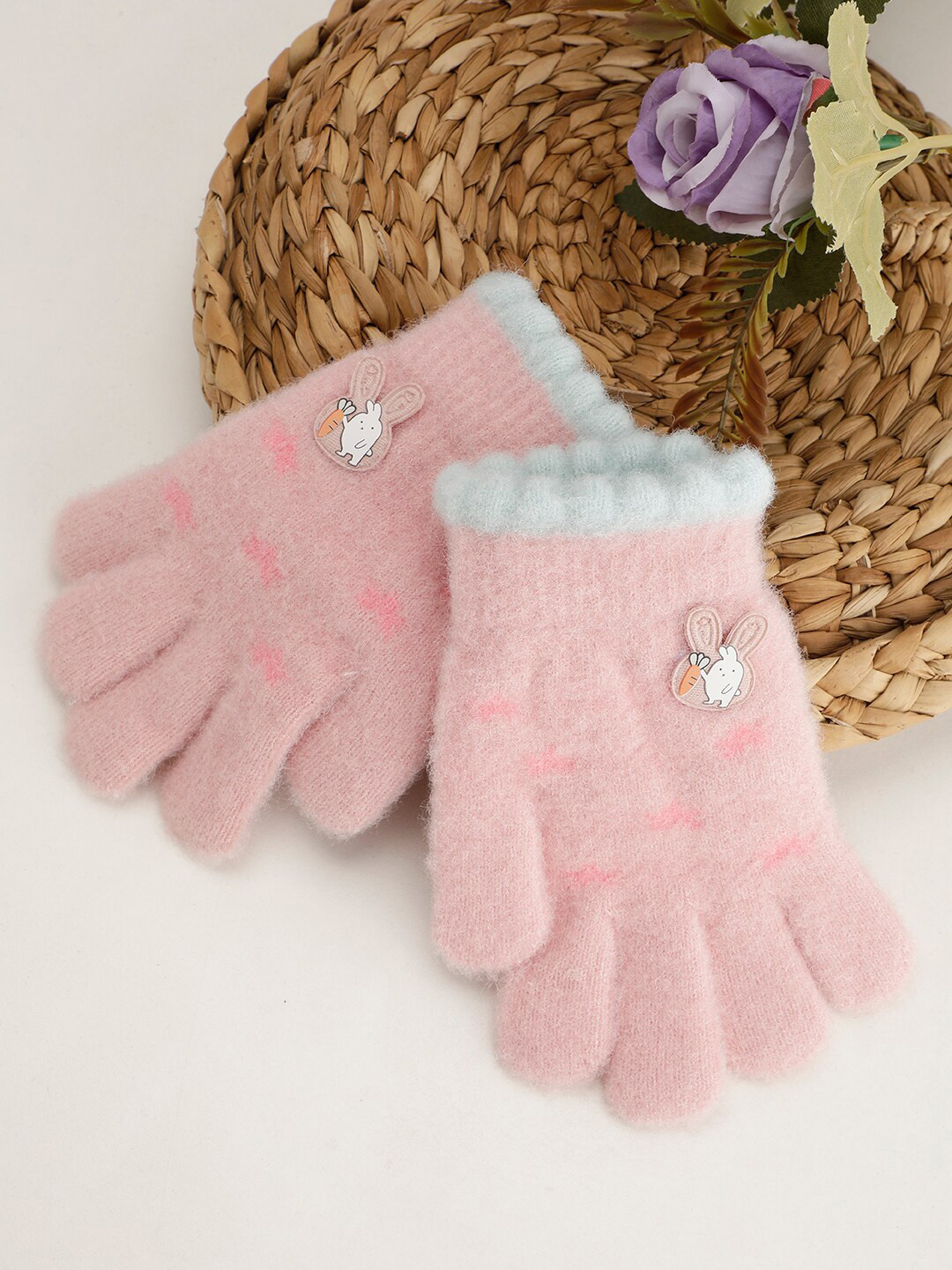 

PASSION PETALS Unisex Self Design Acrylic Gloves With Rabbit Applique, Pink