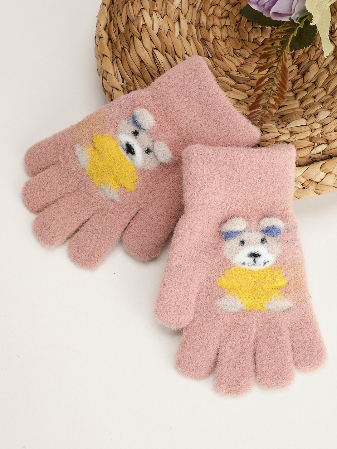 

PASSION PETALS Unisex Self Design Acrylic Gloves With Bear Applique, Pink