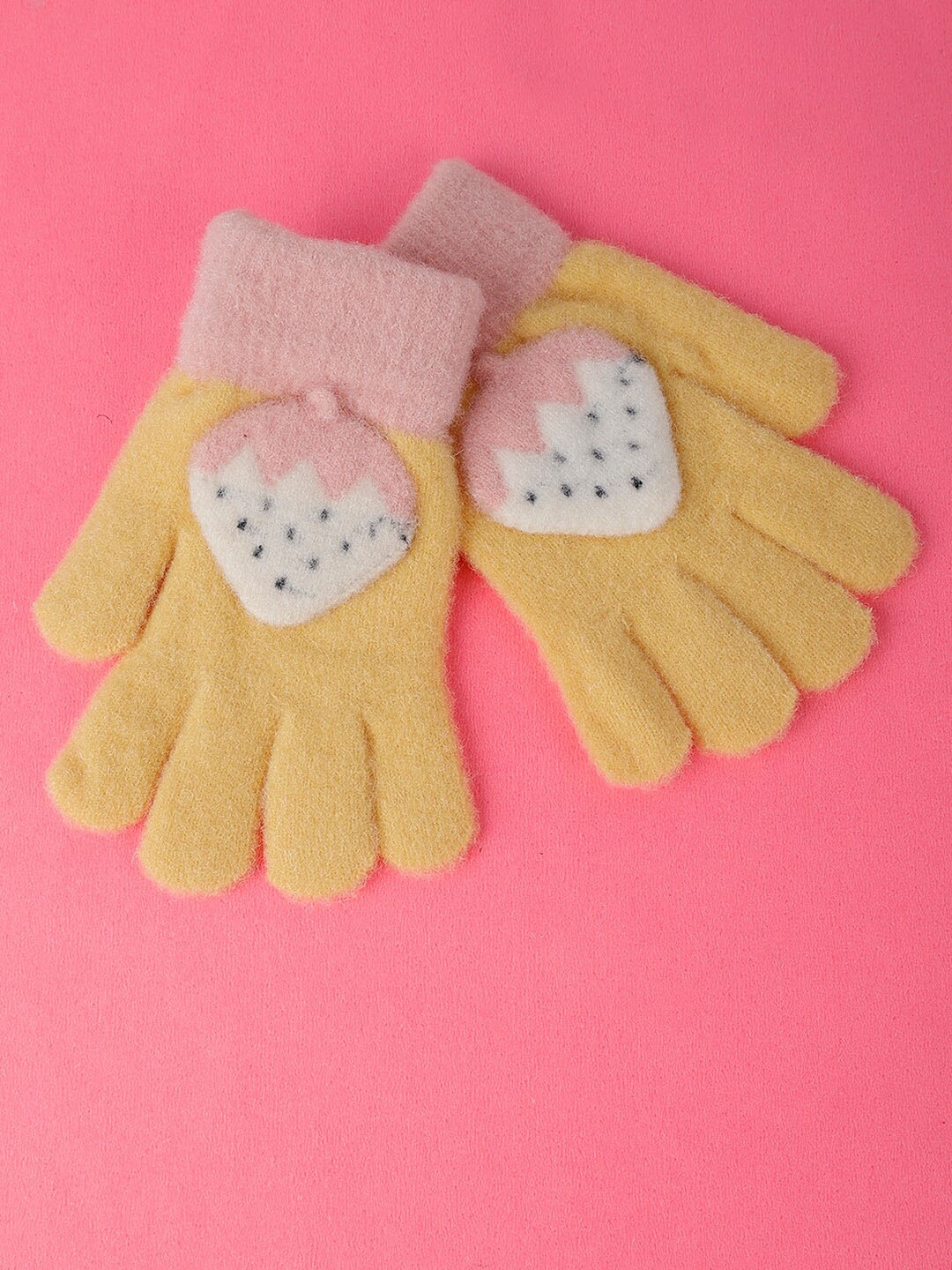 

PASSION PETALS Kids Self Design Acrylic Gloves With Strawberry Applique, Yellow