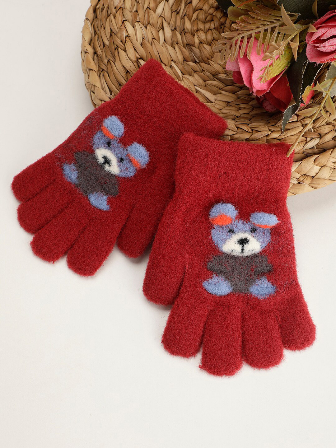 

PASSION PETALS Kids Self Design Acrylic Gloves With Bear Applique, Red