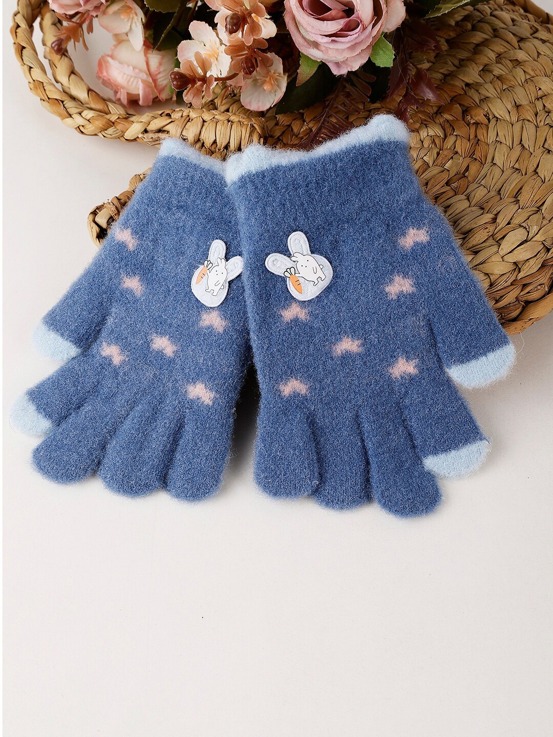 

PASSION PETALS Boys Self Design Acrylic Gloves With Rabbit Applique, Blue