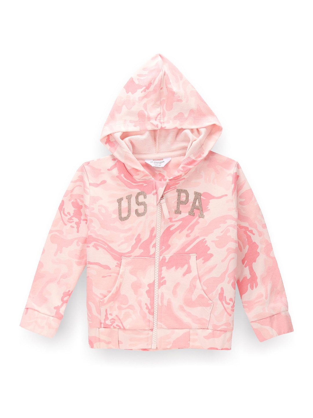 

U.S. Polo Assn. Kids Girls Abstract Printed Hooded Pure Cotton Front Open Sweatshirt, Pink
