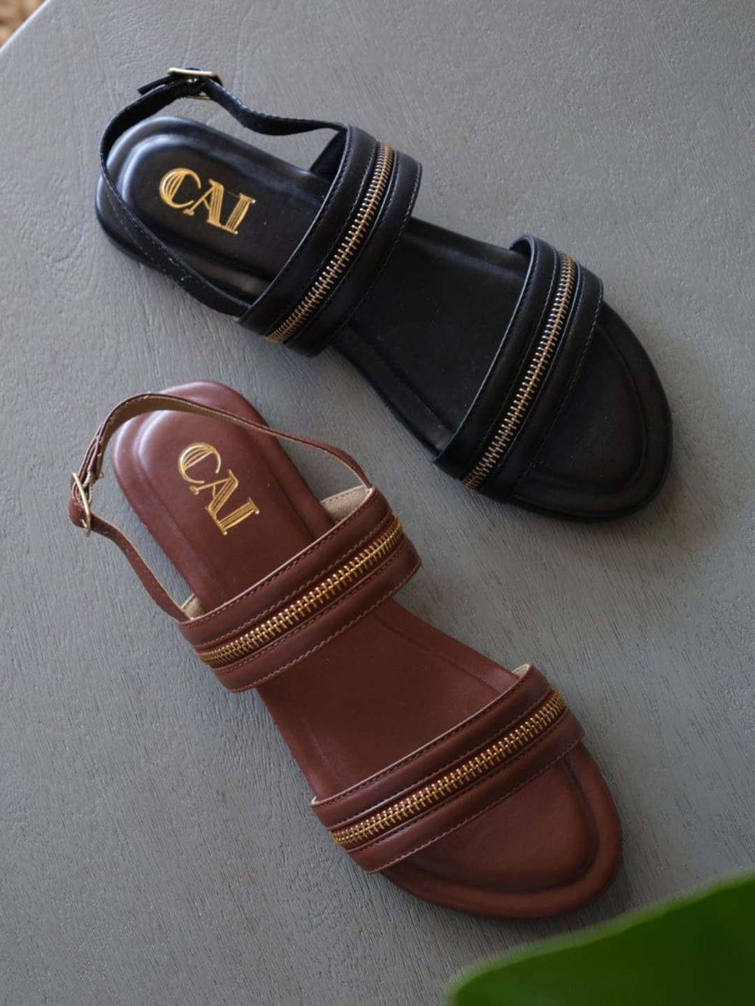 

CAI Zip Detail Open Toe Flats, Brown