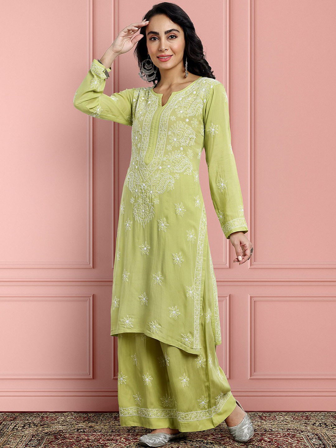 

ADA Floral Embroidered Round Neck Long Sleeve Regular Chikankari Kurta With Palazzos, Green