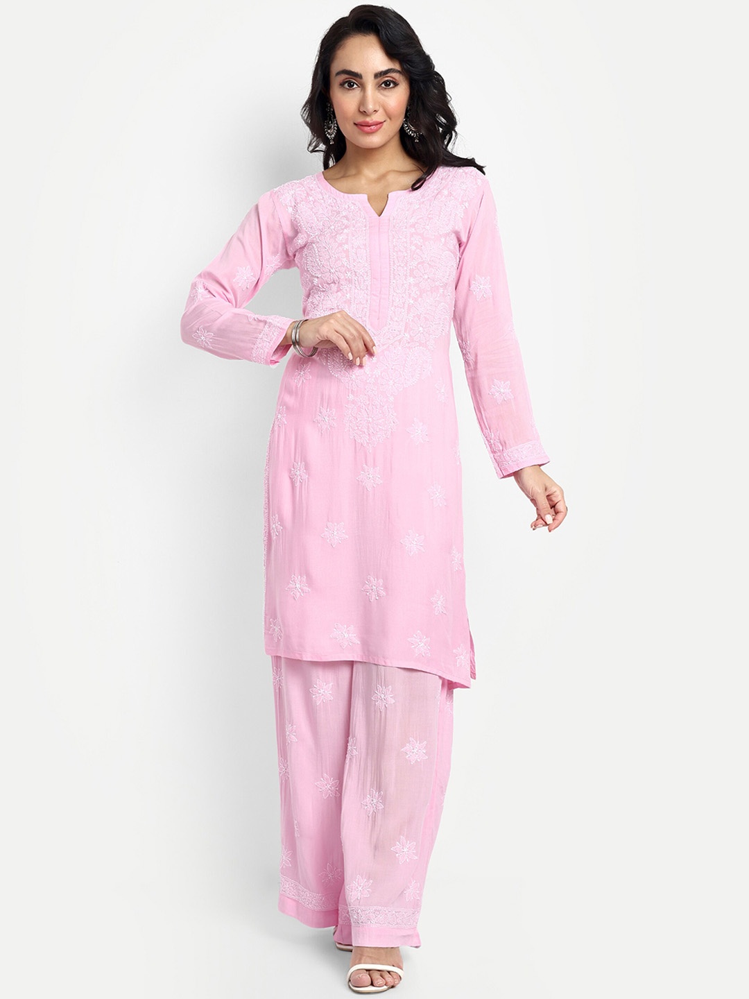 

ADA Floral Embroidered Round Neck Long Sleeve Regular Chikankari Kurta With Palazzos, Pink
