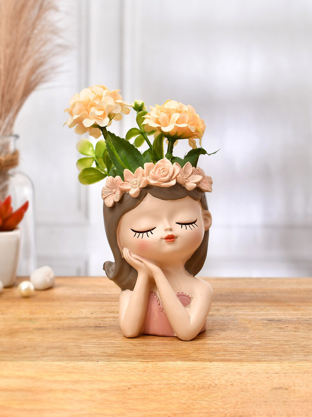 

TAYHAA Pink Resin Flower Girl Head Showpiece