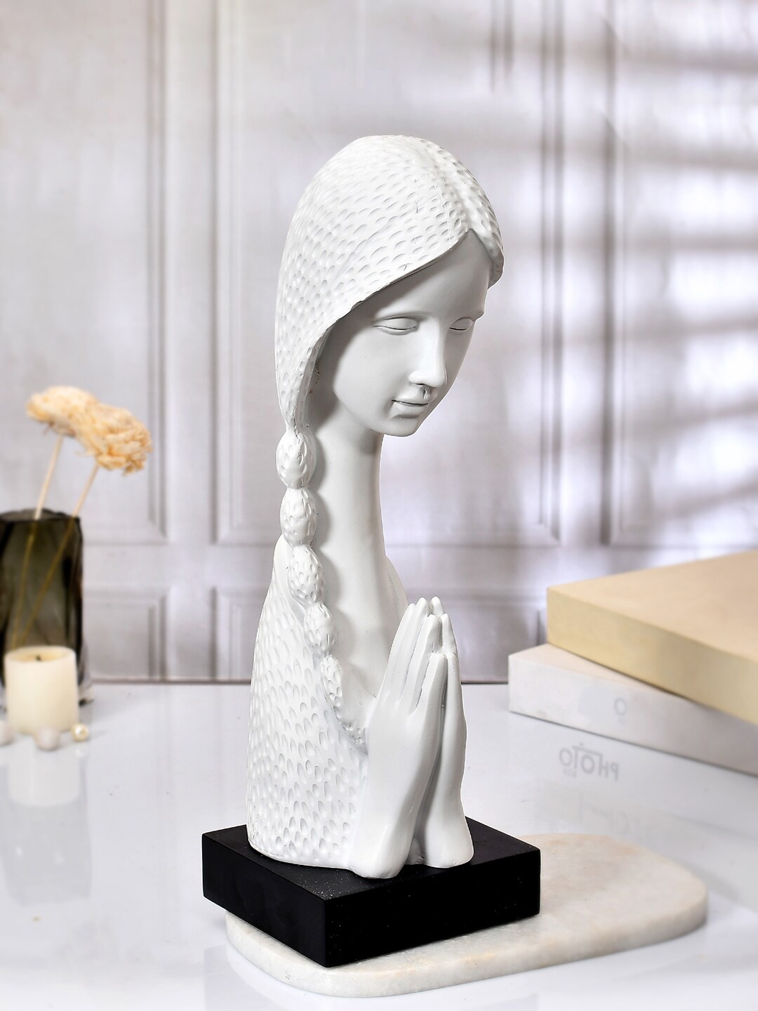 

TAYHAA White Textured Namastey Lady Resin Figurine Showpiece