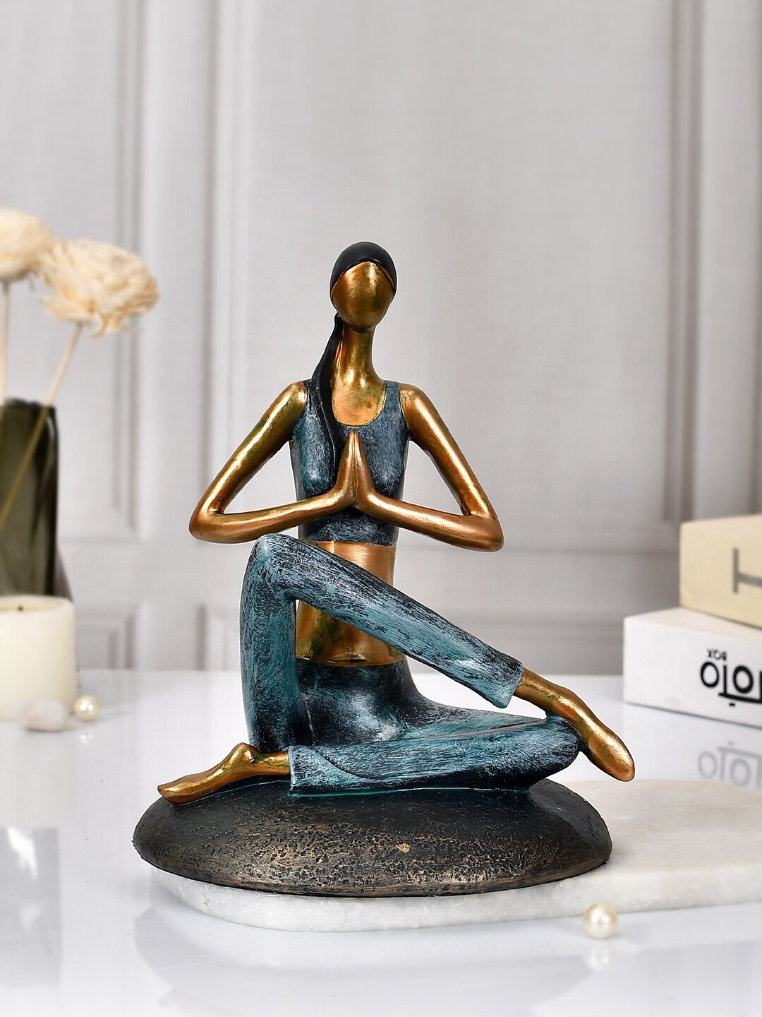 

TAYHAA Grey & Golden Textured Yoga Statue Resin Figurine Showpiece
