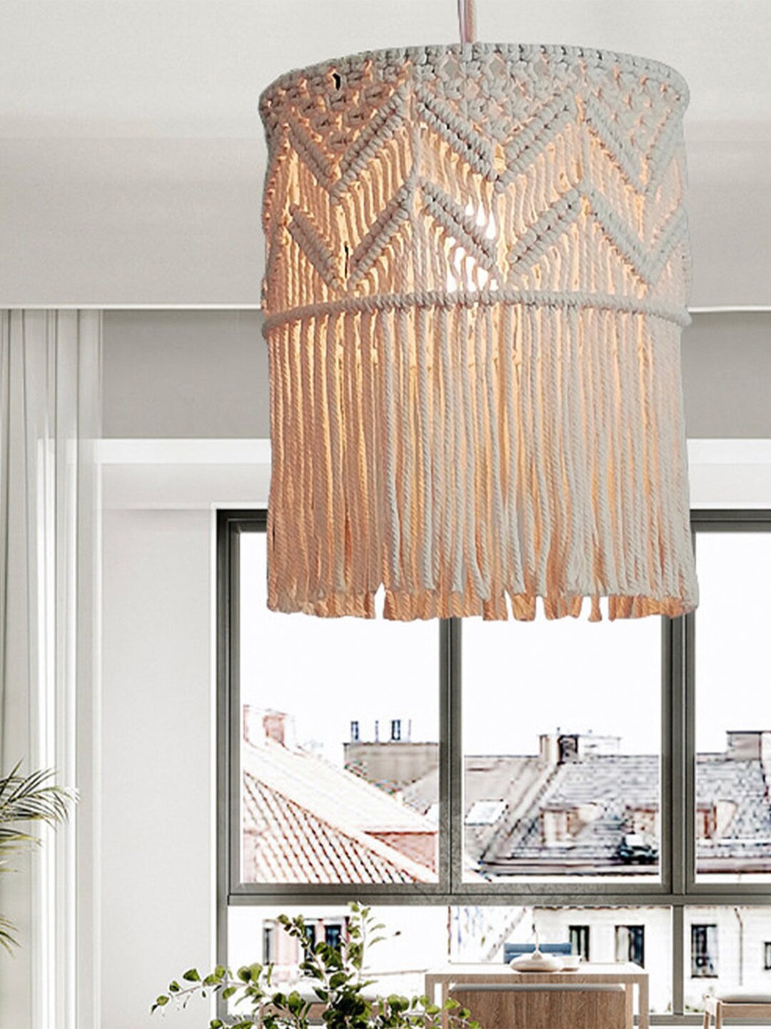 

Kaahira Off White Macrame Boho Ceiling Lamp