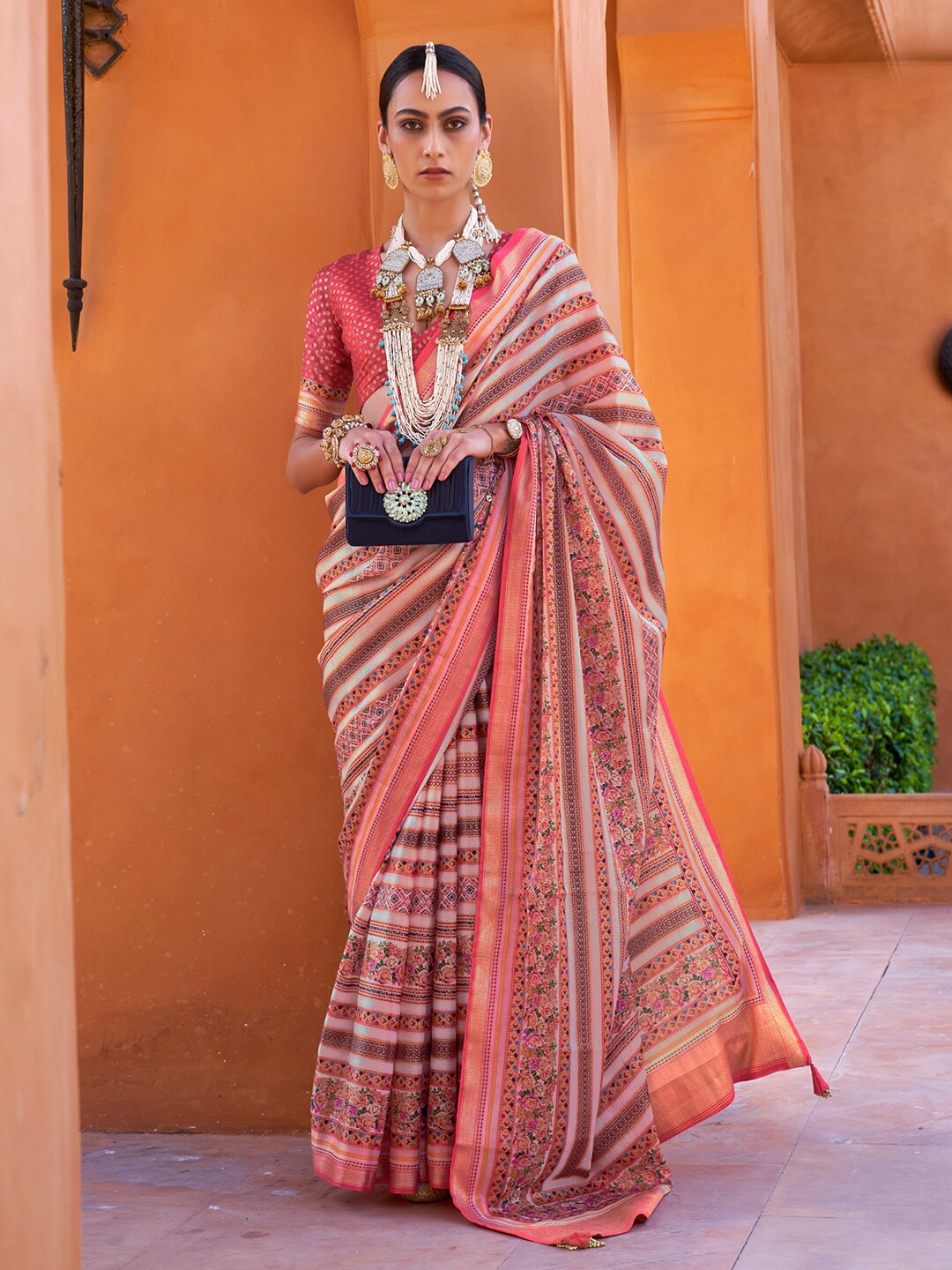 

Anouk Pink & Brown Striped Zari Banarasi Saree