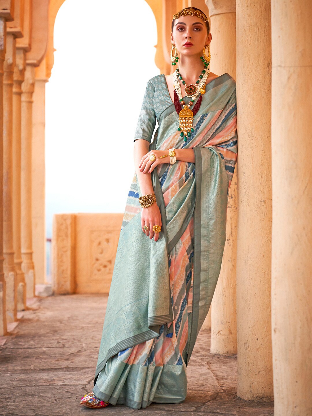 

Anouk Peach-Coloured & Blue Ethnic Motifs Woven Design Zari Banarasi Saree