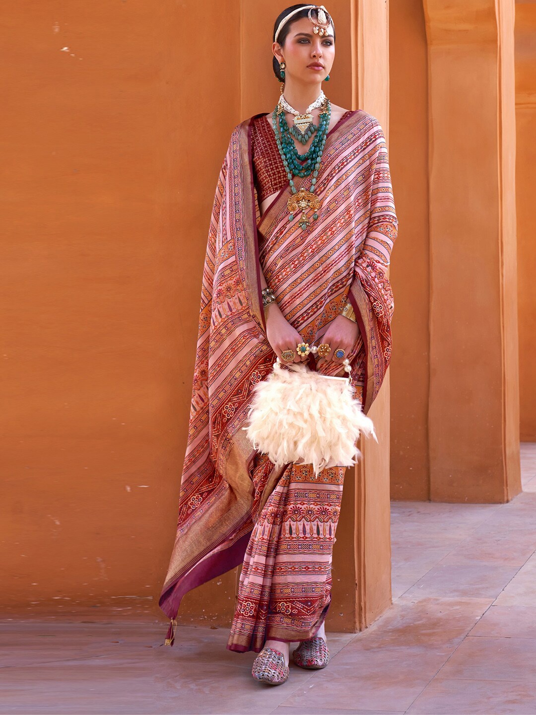 

Anouk Pink & Beige Striped Zari Saree
