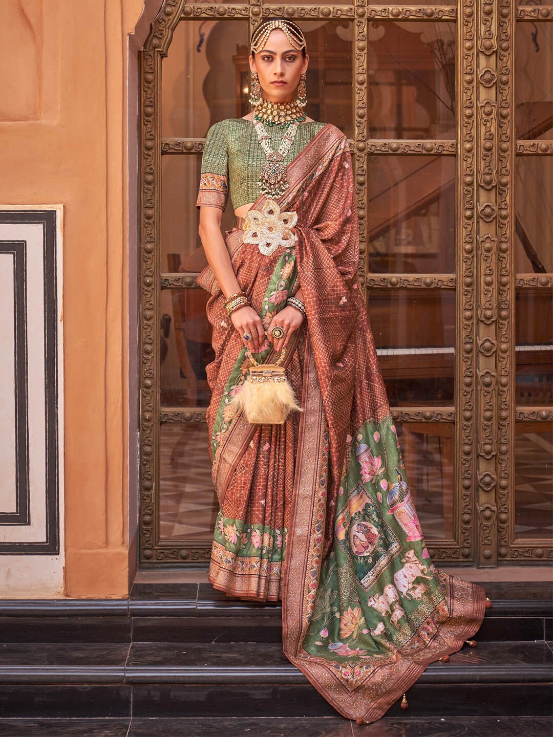 

Anouk Ethnic Motifs Printed Beads and Stones Detail Banarasi Saree, Brown