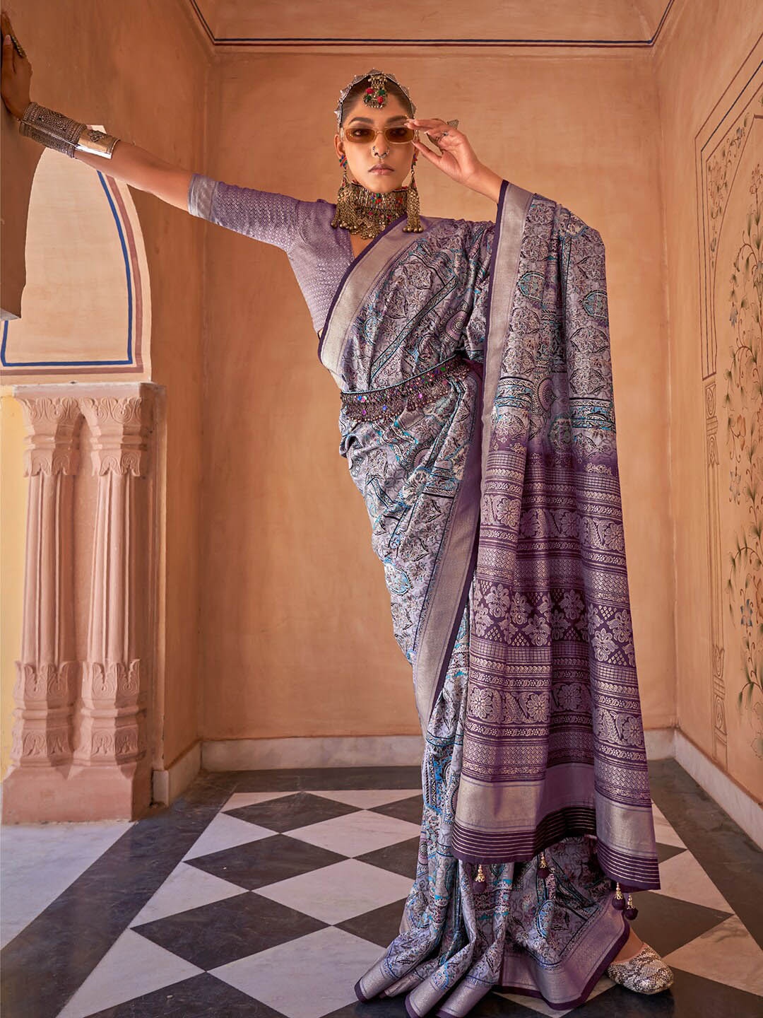 

Anouk Lavender Ethnic Motifs Woven Design Zari Banarasi Saree