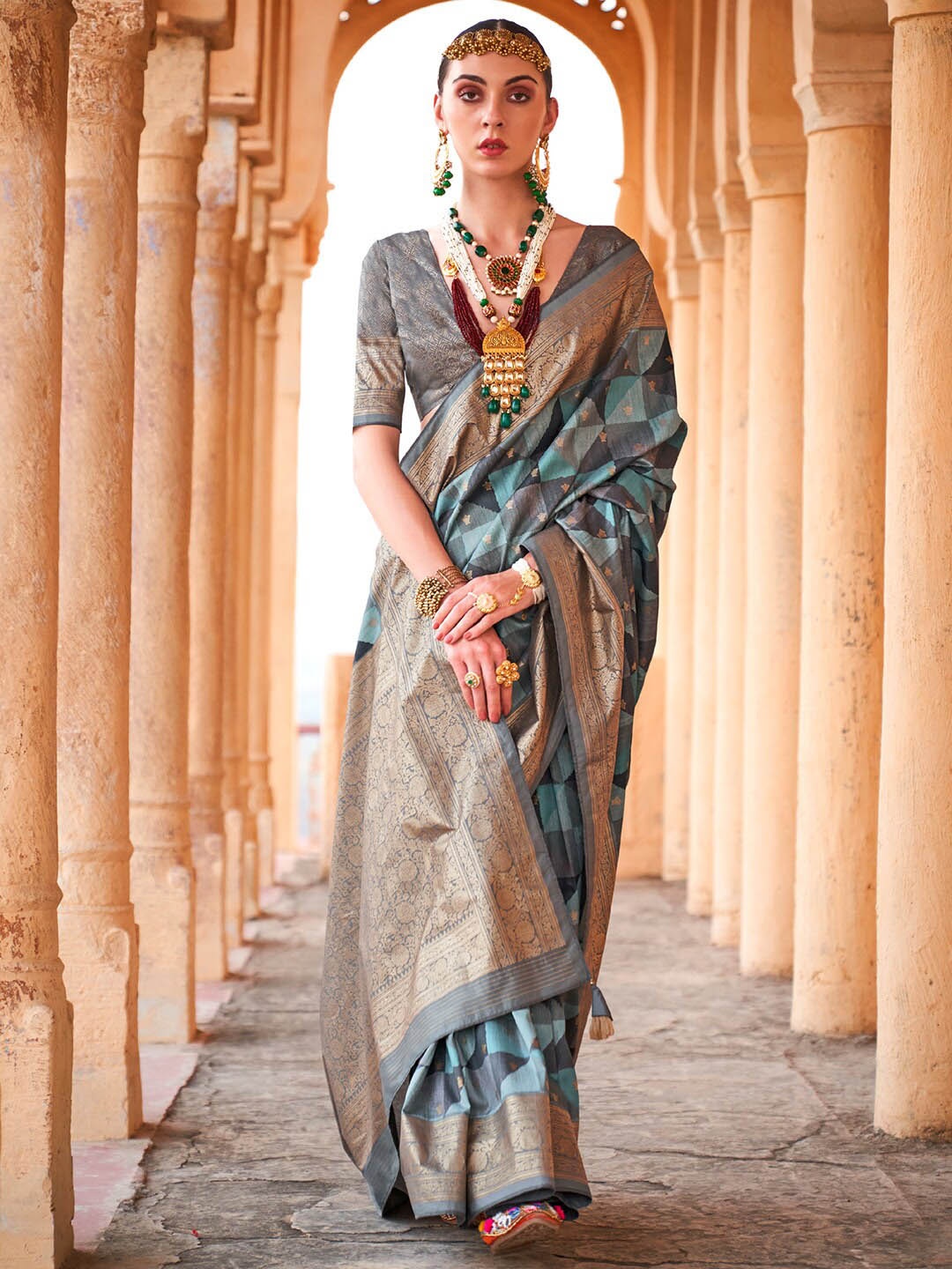 

Anouk Blue & Grey Ethnic Motifs Woven Design Zari Banarasi Saree